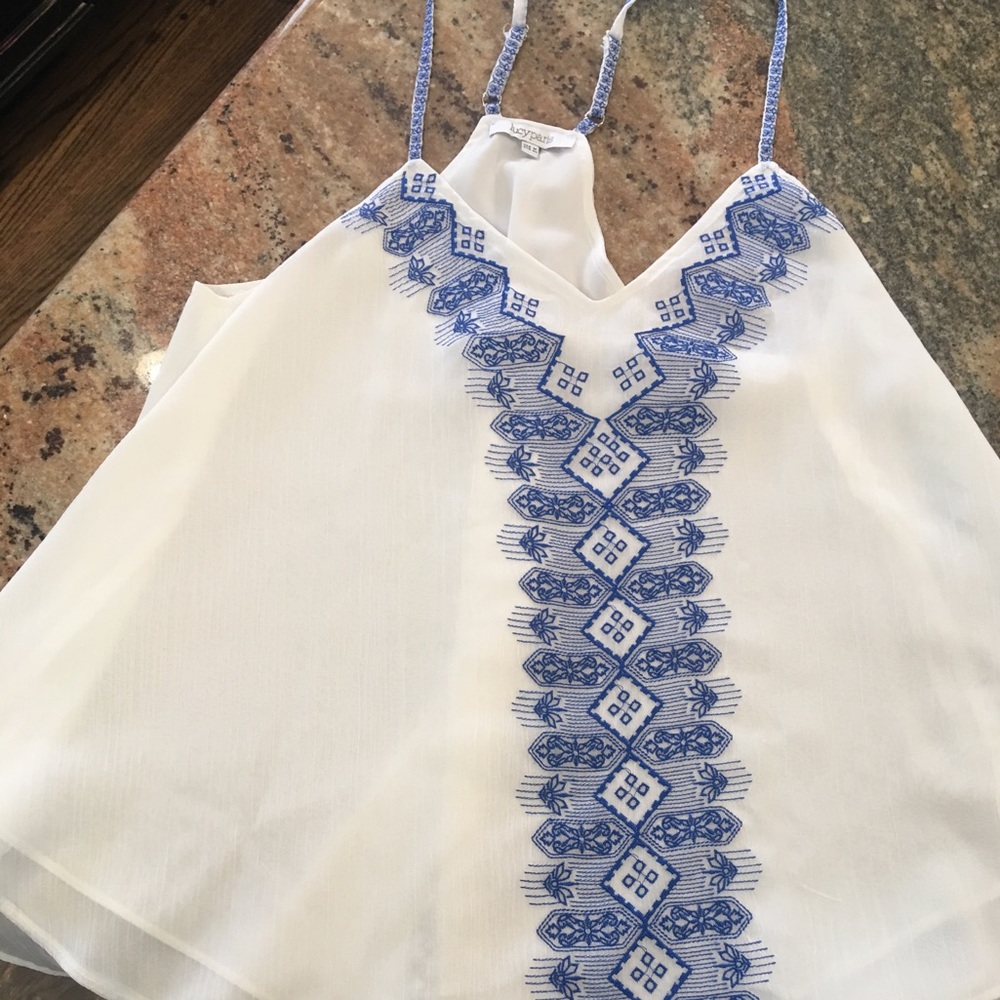White with blue stitching